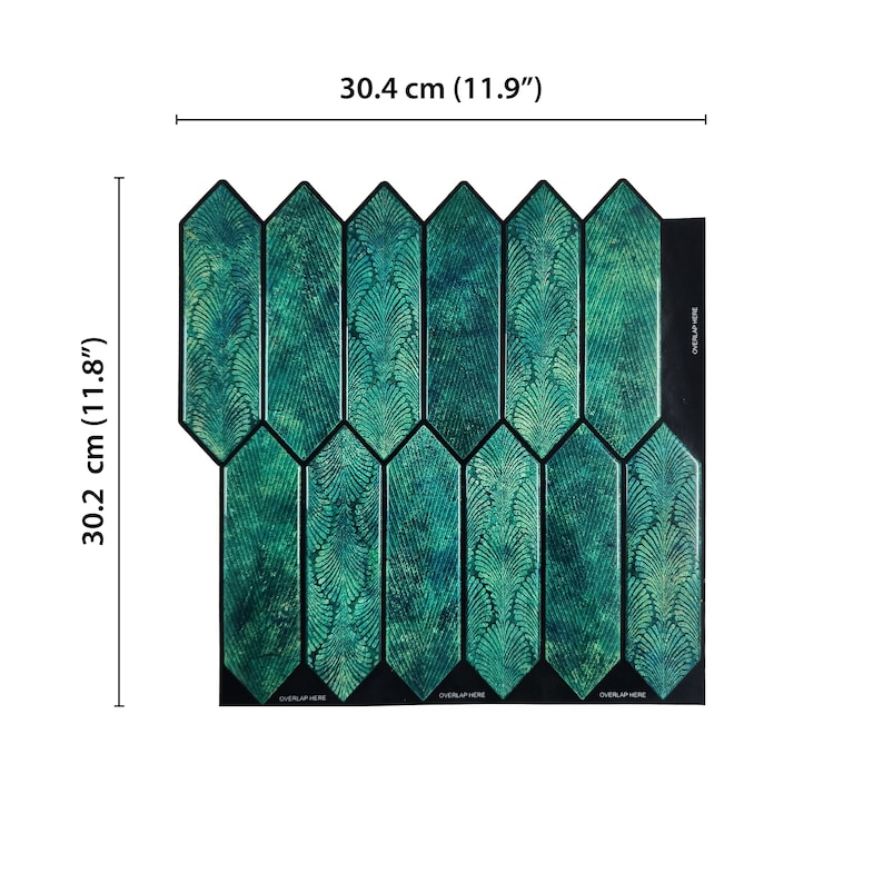Product sheet with measurements and six picket layout, emerald green peel and stick backsplash tiles dimensions