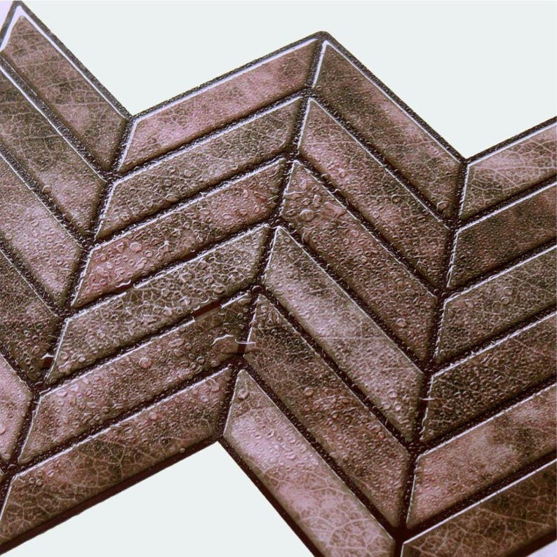 3D PU Peel-and-Stick Wall Tile Style 291 in brown chevron pattern for kitchen backsplash; stick-on tile for quick DIY.