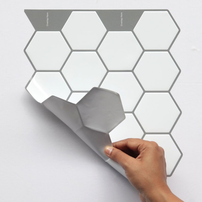 3D peel-and-stick hexagon tile sheet for kitchen backsplash; white/gray glossy tiles with self-adhesive backing