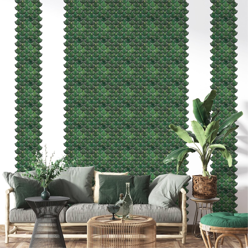Forest green 3D peel-and-stick wall tile with overlapping scallop scales for kitchen backsplash, vinyl wall tiles