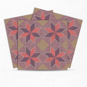 May include: A set of four pink and orange patterned tiles with a geometric star design. The tiles are made of a textured material and have a vintage look.