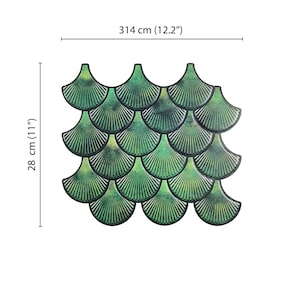 Forest green 3D peel-and-stick wall tile with overlapping scallop scales for kitchen backsplash, vinyl wall tiles