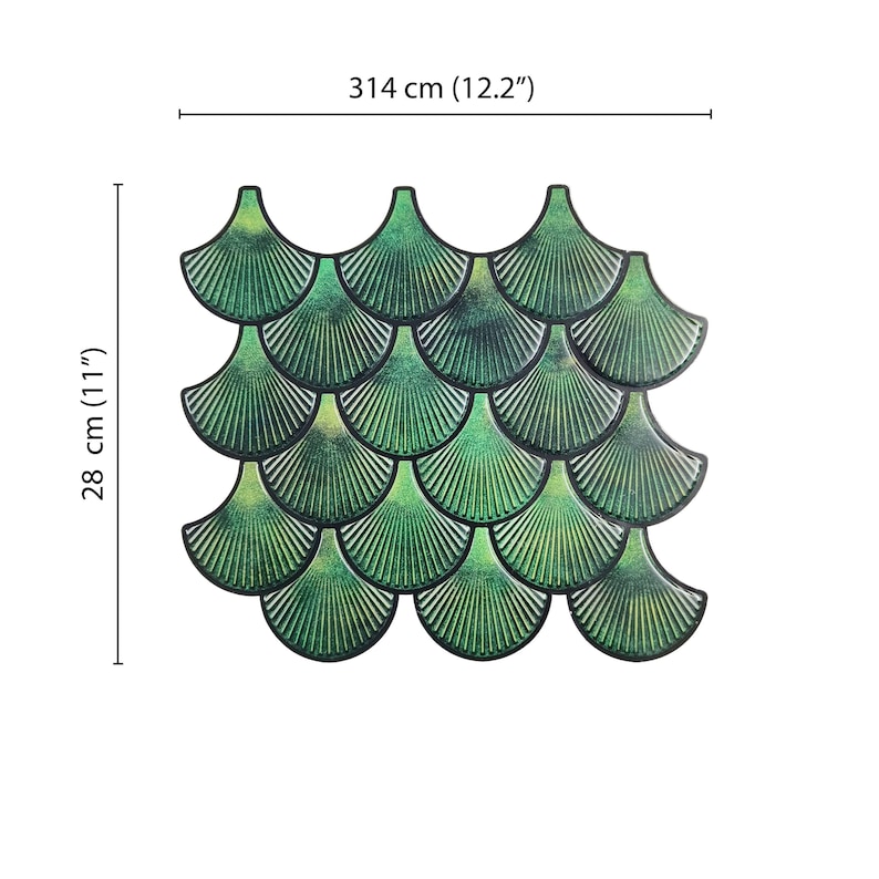 Forest green 3D peel-and-stick wall tile with overlapping scallop scales for kitchen backsplash, vinyl wall tiles