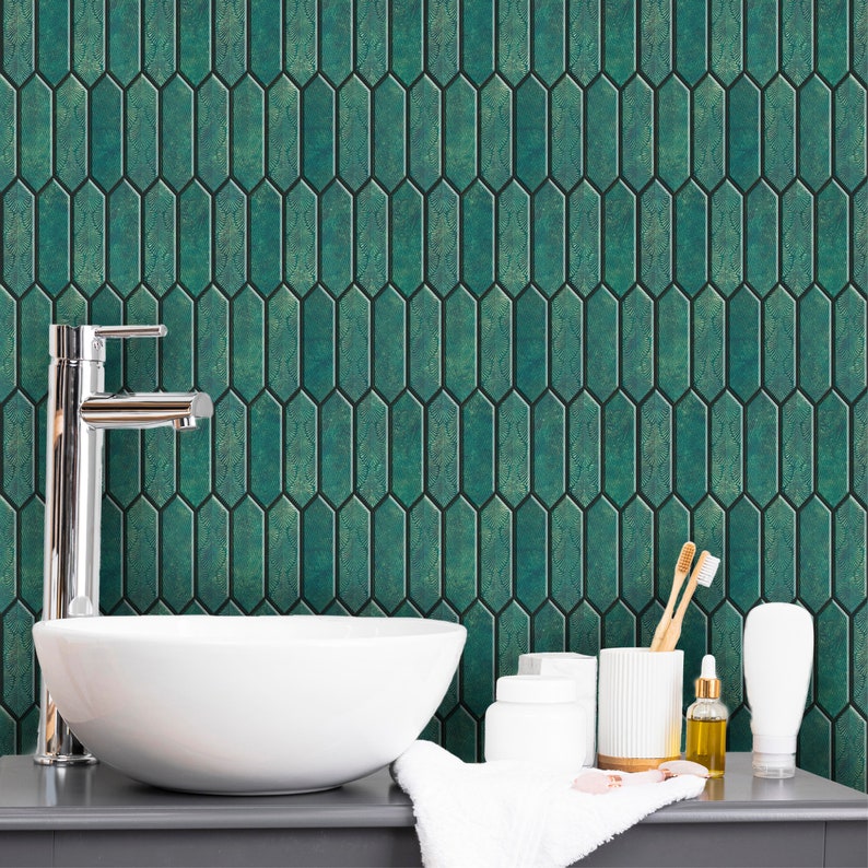 Sink vignette with chrome faucet, removable backsplash for renters in emerald tones, emerald green mosaic wall tile