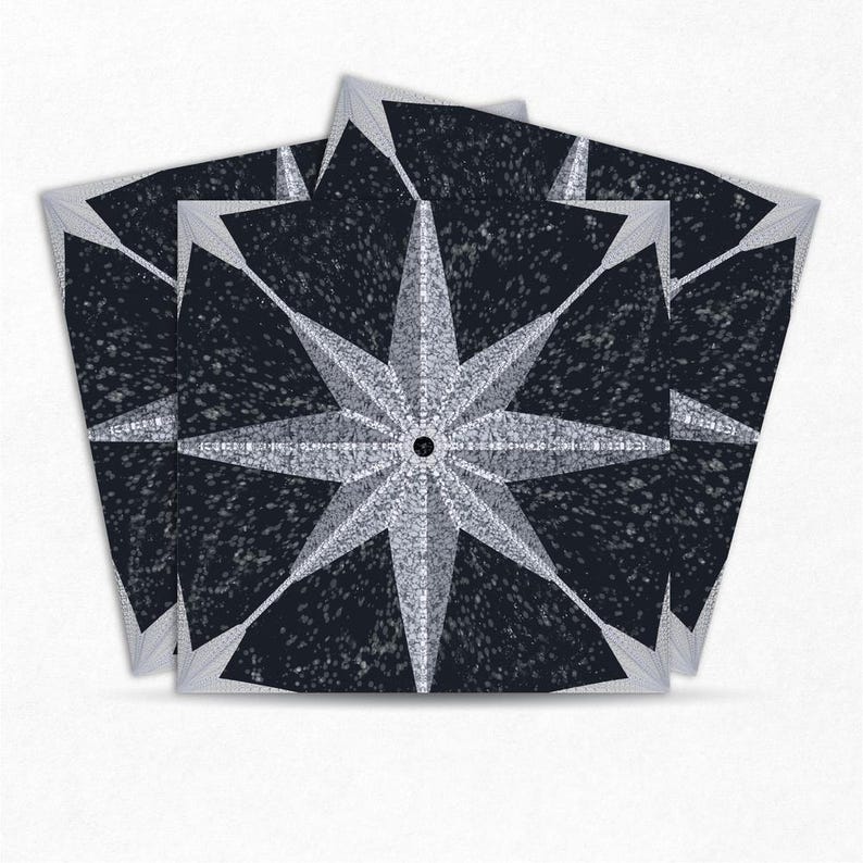 Mosaic Star vinyl floor tile: black square tile with a silver eight-point star mosaicowall self-adhesive, peel-and-stick tile
