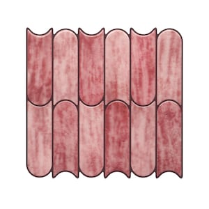 May include: A decorative tile arrangement with a repeating pattern of elongated, rounded-top rectangles. The tiles have a mottled, reddish-pink hue with darker brown outlines, creating a textured appearance. Suitable for interior design projects.