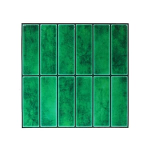May include: A square of green tiles with a marble-like texture. The tiles are rectangular and arranged in a grid pattern, each outlined with a dark green border. The overall effect is a vibrant, decorative surface.