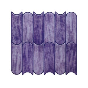 Puede incluir: Primer plano de un patrón de baldosas decorativas. El diseño presenta formas verticales y alargadas con partes superiores e inferiores redondeadas. Las baldosas tienen una combinación de colores morado y blanco moteado, con un contorno morado más oscuro.