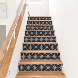 Mosaic Star vinyl floor tile: black square tile with a silver eight-point star mosaicowall self-adhesive, peel-and-stick tile
