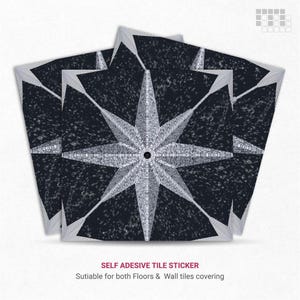 Mosaic Star vinyl floor tile: black square tile with a silver eight-point star mosaicowall self-adhesive, peel-and-stick tile
