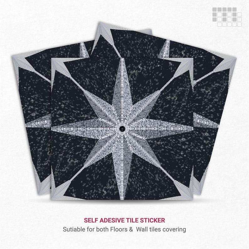 Mosaic Star vinyl floor tile: black square tile with a silver eight-point star mosaicowall self-adhesive, peel-and-stick tile