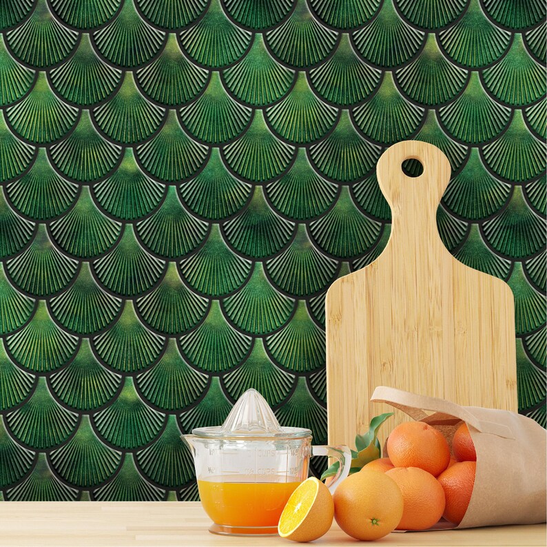 Forest green 3D peel-and-stick wall tile with overlapping scallop scales for kitchen backsplash, vinyl wall tiles