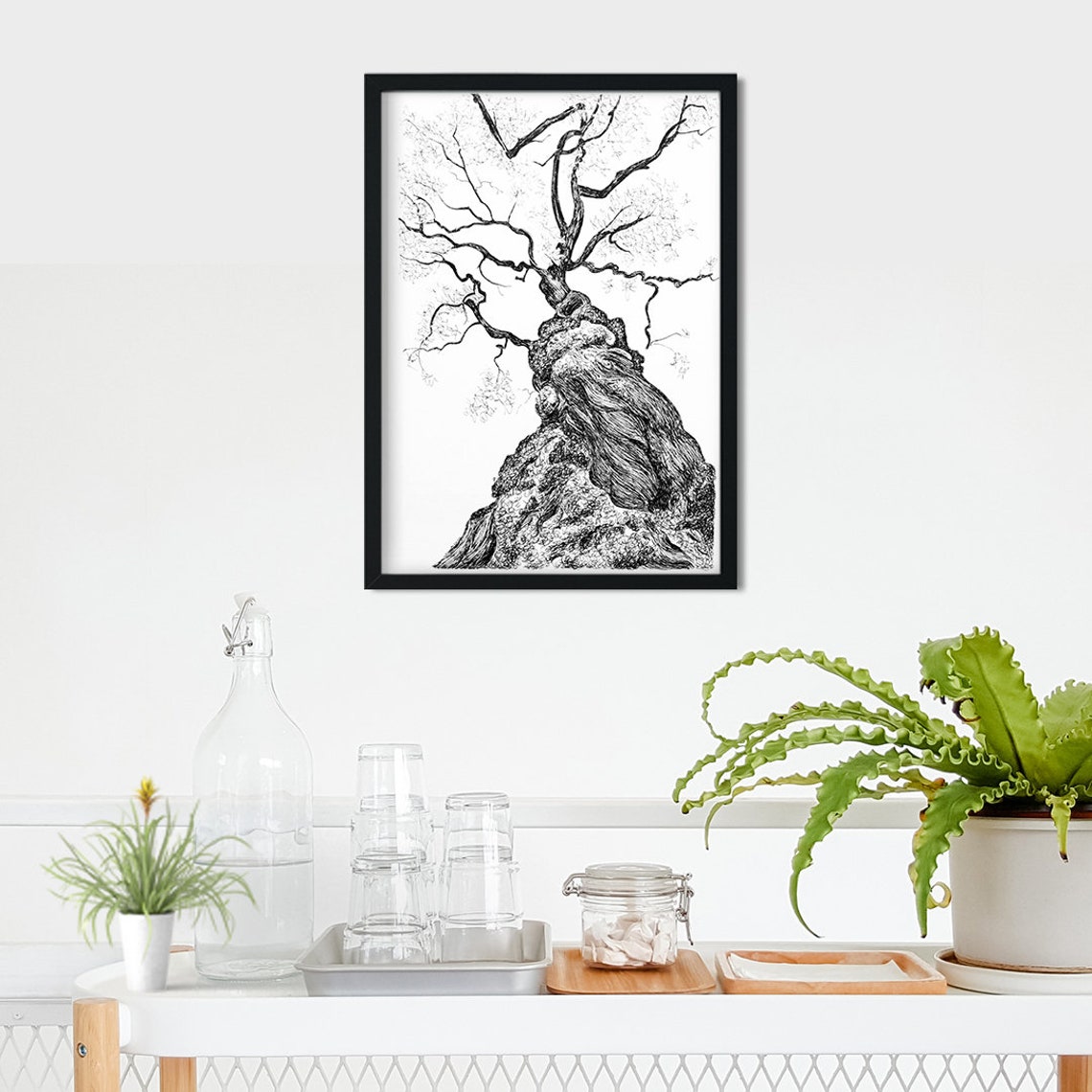 Digital Download Ancient Olive Tree Black Ink Drawing Modern Printable