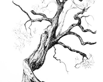 Digital Download Twisted Olive Tree Black Ink Drawing - Modern Printable Pen Wall Art - jpg