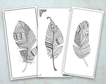 Bookmarks Zentangle Feathers for Advanced Colouring Printable Digital Download - A4