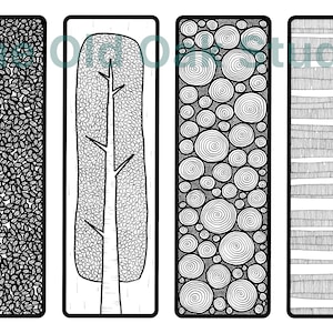 Handdrawn bookmarks with a woodland theme. Printable Digital Download. Rounded corners bookmarks for adult colouring or wall art A4