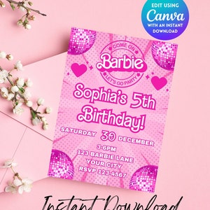 Editable Barbi Invitation, Pink Doll Birthday Party, Barbe Party, Barbi Invite Digital Invite, Printable Template, Canva invitation