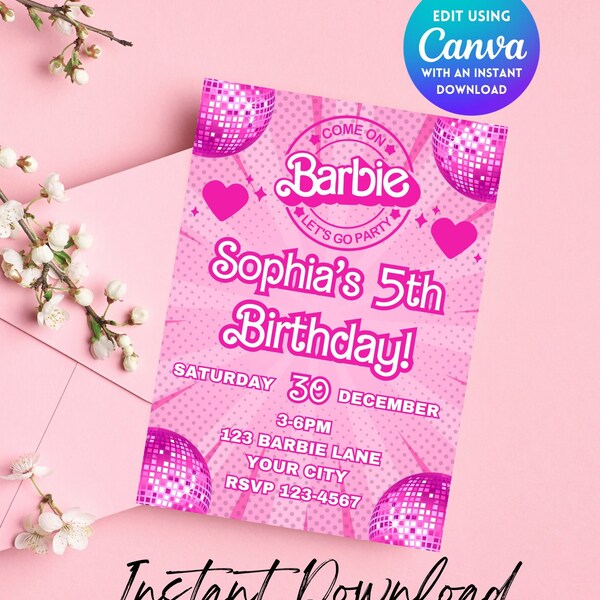 Bewerkbare Barbi uitnodiging, roze pop verjaardagsfeestje, Barbe Party, Barbi uitnodigen digitale uitnodiging, afdrukbare sjabloon, Canva uitnodiging