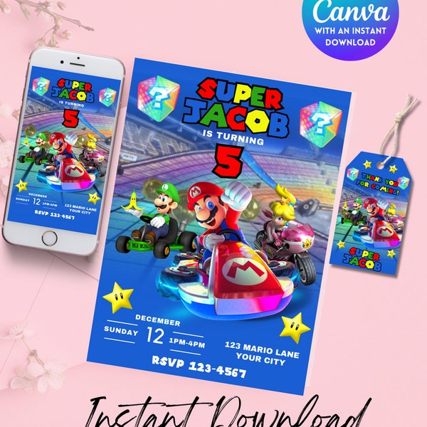 Super Mario Birthday Invitation, Canva editable template, Phone invitation, Thank you favor tag, Mario cart birthday invitation, Mario Kart