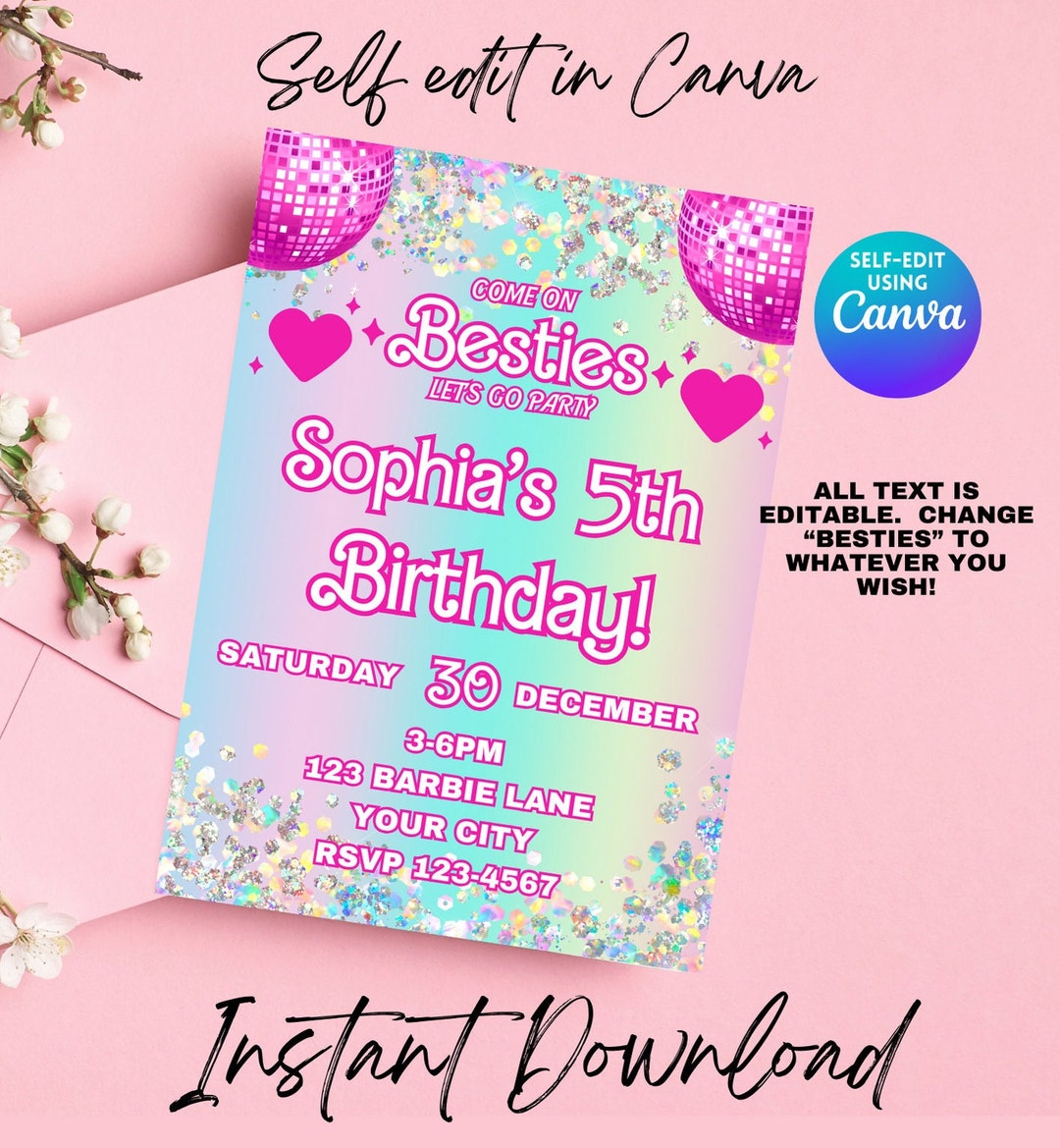 Pink Doll Birthday Invitation, Pink Doll Birthday Party, Fashion Doll ...