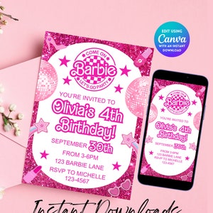 Editable Barbi Invitation, Pink Doll Birthday Party, Barbe Party, Barbi Invite Digital Invite, Printable Template, Canva invitation