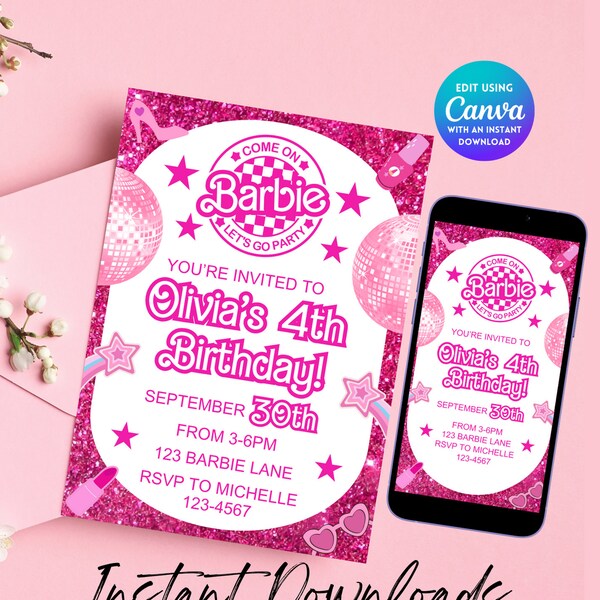 Editable Barbi Invitation, Pink Doll Birthday Party, Barbe Party, Barbi Invite Digital Invite, Printable Template, Canva invitation