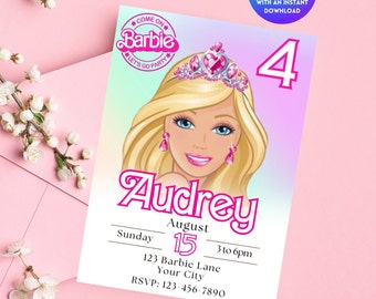 Editable Barbi Invitation, Pink Doll Birthday Party, Barbe Party, Barbi Invite Digital Invite, Printable Template, Canva invitation