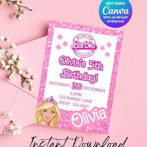 Editable Barbi Invitation, Pink Doll Birthday Party, Barbe Party, Barbi Invite Digital Invite, Printable Template, Canva invitation