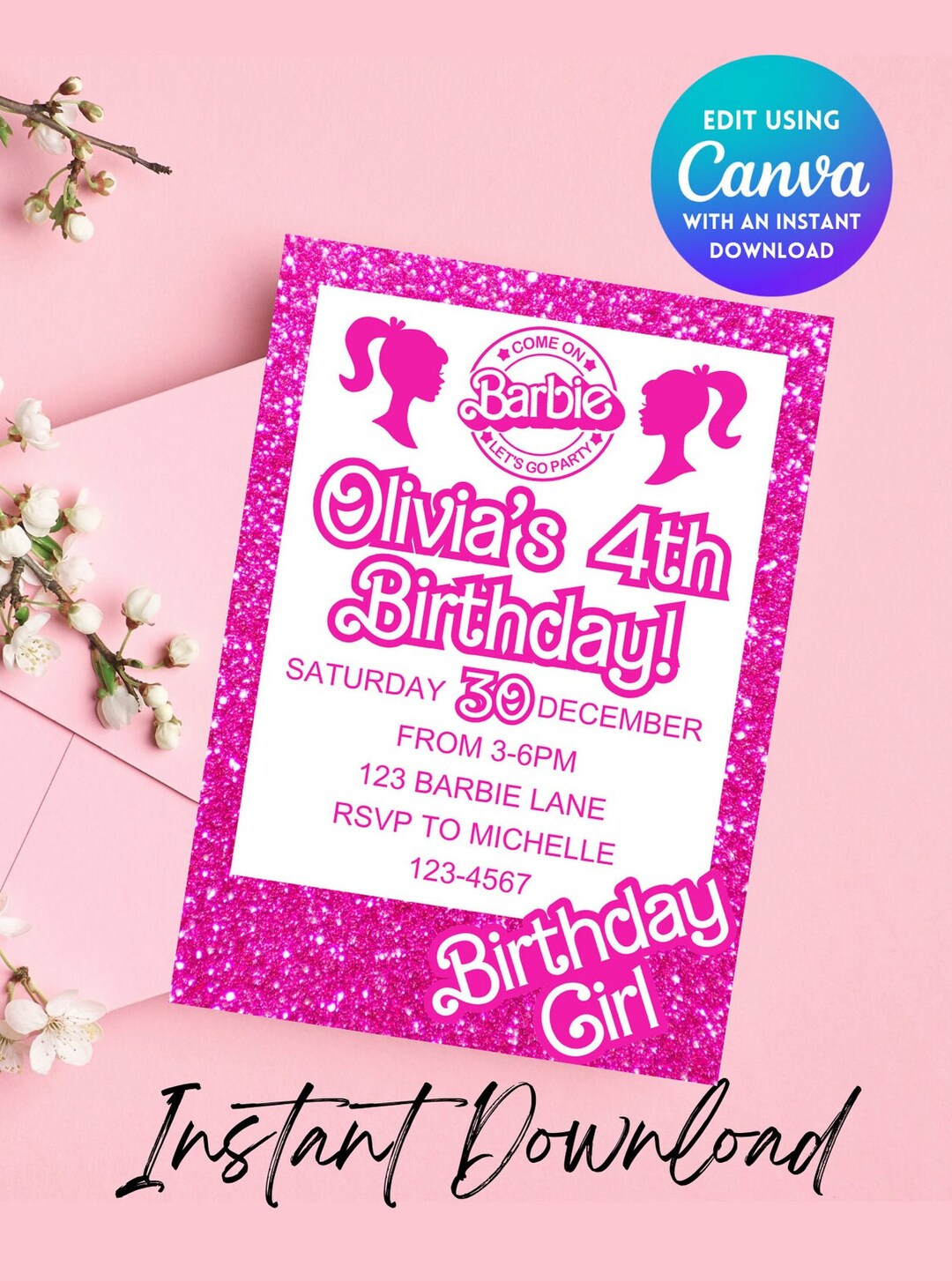 Pink Doll Birthday Invitation, Pink Doll Birthday Party, Fashion Doll ...