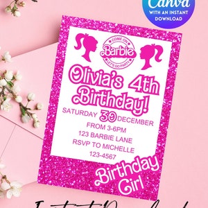 Editable Barbi Invitation, Pink Doll Birthday Party, Barbe Party, Barbi Invite Digital Invite, Printable Template, Canva invitation