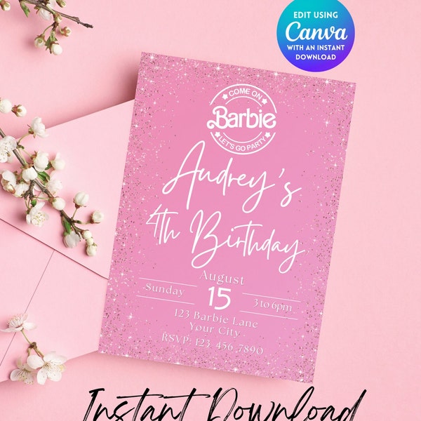 Editable Barbi Invitation, Pink Doll Birthday Party, Barbe Party, Barbi Invite Digital Invite, Printable Template, Canva invitation