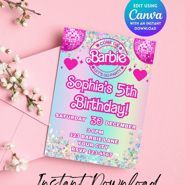 Editable Barbi Invitation, Pink Doll Birthday Party, Barbe Party, Barbi Invite Digital Invite, Printable Template, Canva invitation