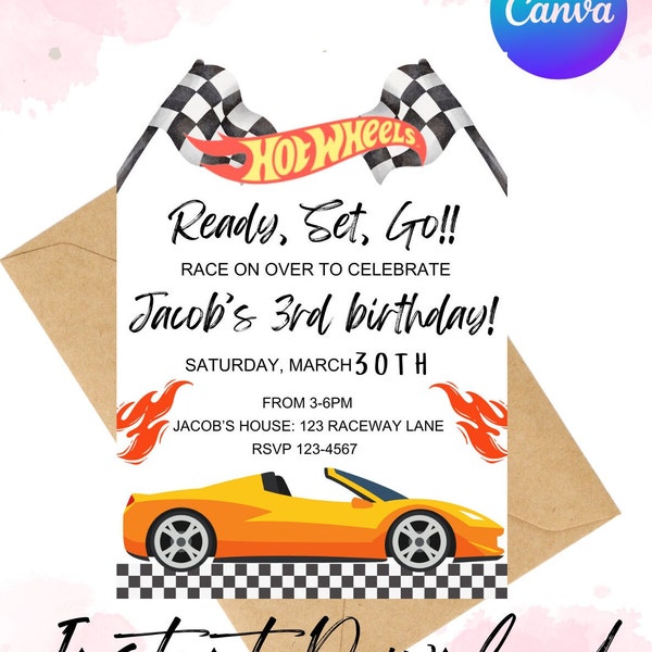 Editable Race car birthday Invitation, Race Car Birthday, Vintage  invite, Digital Invite, Printable Template, Canva invitation, Orange car