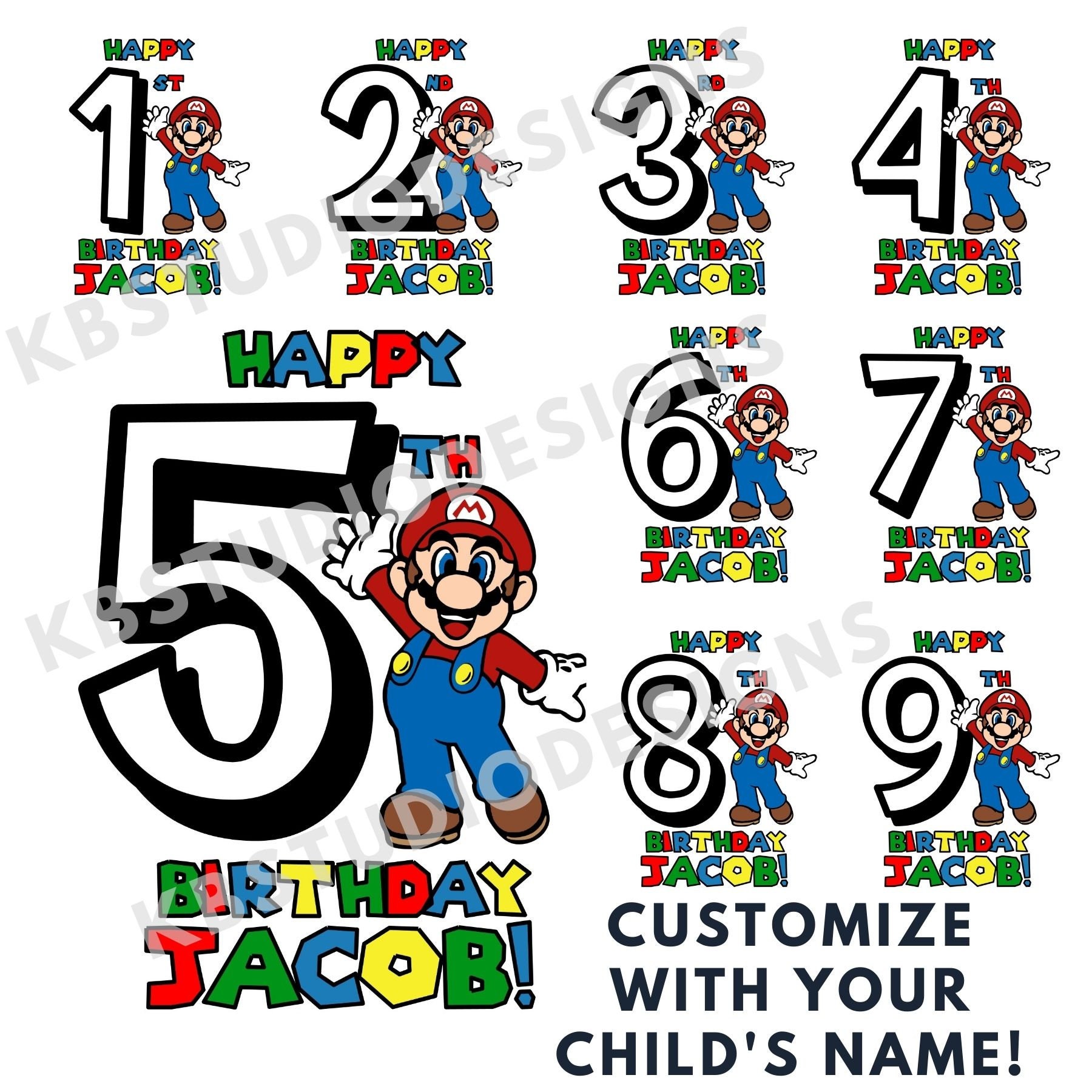 SUPER MARIO - 7 ans - Carte de vœux joyeux anniversaire - Taille