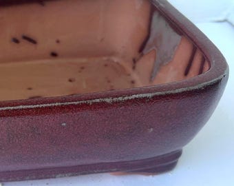 10-inch Glazed red/Brown Ceramic Bonsai Pot with Tray: Handmade Clay Planter