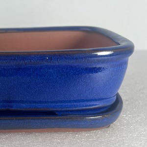 Blue Glazed Rectangular Bonsai Pot with Humidity Tray (7 inch Wide)