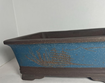 Handmade Two-Tone Etched Forest Bonsai Pot - 11 inch Rectangular
