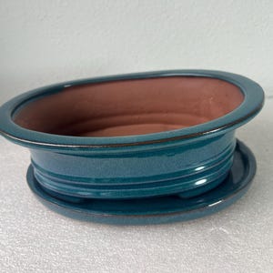 Teal Glazed Rectangular Bonsai Pot with Tray, Handmade 10 inch