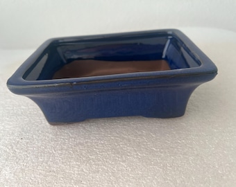 Handmade Glazed Blue Bonsai Pot: 7-inch Rectangular Planter