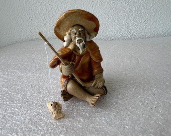 Chinese Mudman Figurine: Fisherman Bonsai Statue