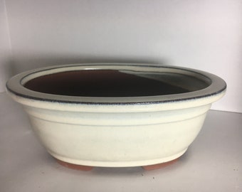 Handmade Almond Glazed Oval Bonsai Pot - 8 Inch