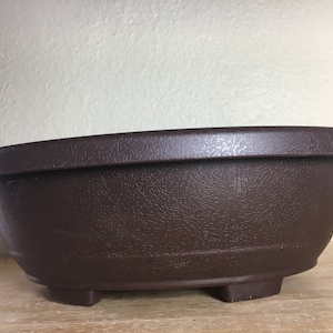 May include: A brown, oval-shaped bonsai pot with a textured surface. The pot has a wide rim and sits on four small, rectangular feet. The container is designed for planting small trees or plants.
