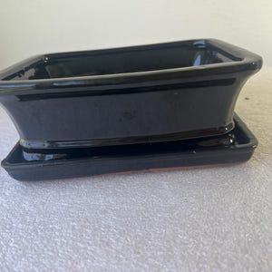 Handmade 8" Black Glazed Ceramic Bonsai Pot with Tray