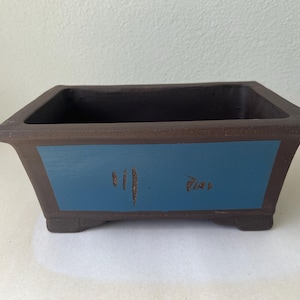 May include: A rectangular bonsai pot with a dark brown exterior and a blue painted panel. The blue panel features brown vertical lines and the word "Tiro" in brown. The pot has a square shape and sits on four small feet.