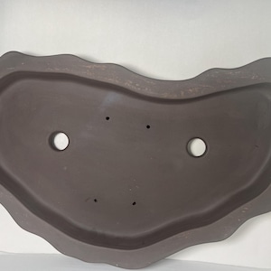May include: A brown, irregularly shaped bonsai pot with a wide, shallow basin. The pot has a wavy rim and three drainage holes. The pot is made of ceramic and is designed for growing bonsai trees.