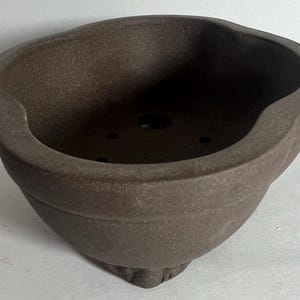 May include: A brown ceramic bonsai pot with a textured surface. The pot has a wide, oval shape with a slightly flared rim and several drainage holes. The base has a decorative, textured design.