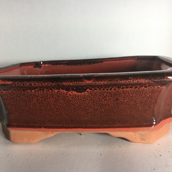 8" Fluted Glazed Red/Brown Rectangular Bonsai Pot