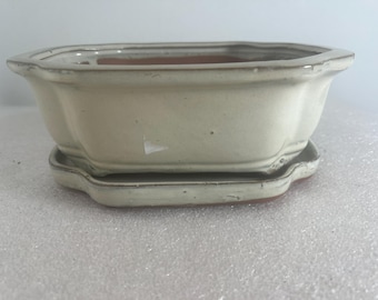 8" Fluted Almond Glazed Bonsai Pot with Humidity Tray (Ceramic)