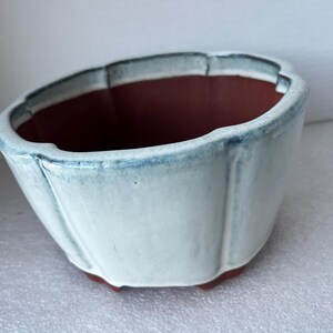 May include: A white ceramic planter with a scalloped rim and a reddish-brown interior. The exterior has a light blue trim and a slightly textured surface. The planter has a unique, angular shape and is suitable for small plants or succulents.