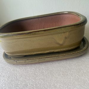 May include: A rectangular ceramic bonsai pot with rounded corners, featuring a glossy olive-green exterior glaze and a contrasting matte terracotta-colored interior. The pot sits on a matching rectangular ceramic drip tray with rounded edges.